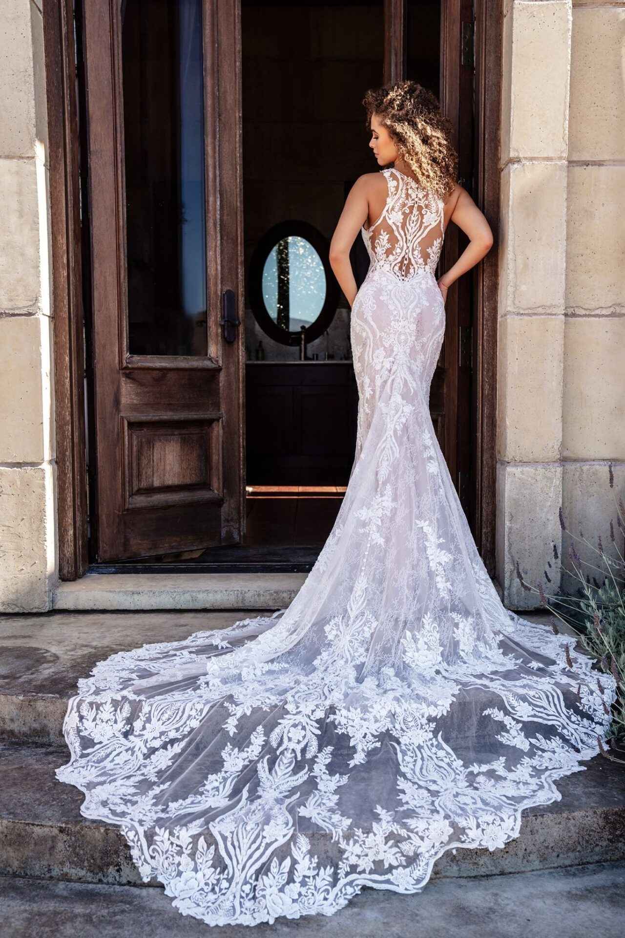 F221011 Rustic Chantilly Lace and Lace Appliqué Wedding Dress with